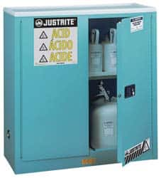 Justrite - 2 Door, 1 Shelf, Blue Steel Standard Safety Cabinet for Corrosive Chemicals - 44" High x 43" Wide x 18" Deep, Manual Closing Door, 3 Point Key Lock, 30 Gal Capacity - Makers Industrial Supply