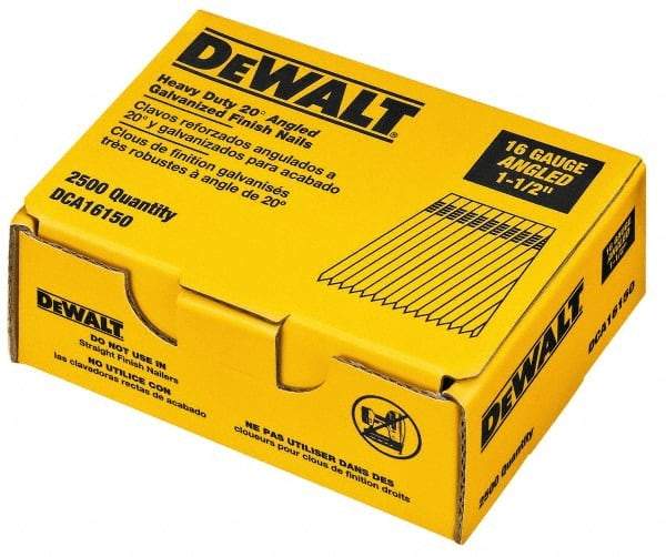 DeWALT - 16 Gauge 1-1/2" Long Finishing Nails for Power Nailers - Grade 2 Steel, Galvanized Finish, Angled Stick Collation - Makers Industrial Supply