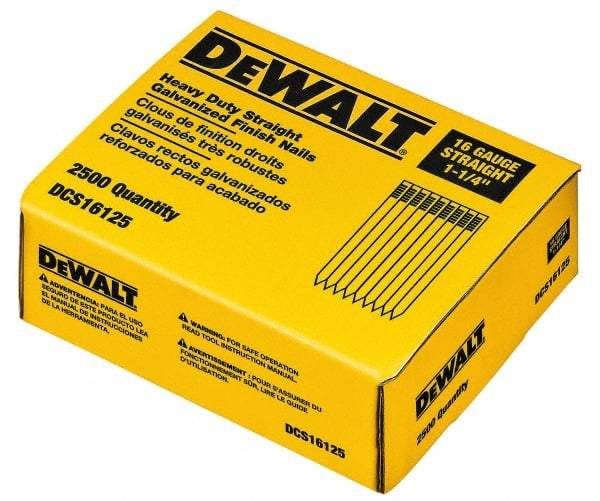 DeWALT - 16 Gauge 1-1/4" Long Finishing Nails for Power Nailers - Grade 2 Steel, Galvanized Finish, Straight Stick Collation - Makers Industrial Supply