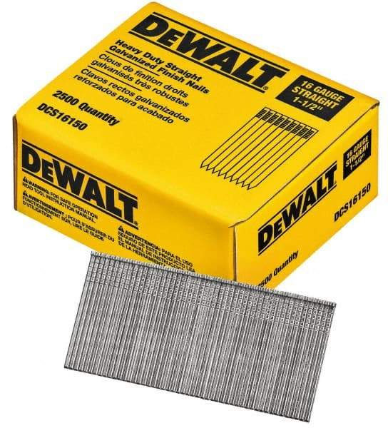 DeWALT - 16 Gauge 1-1/2" Long Finishing Nails for Power Nailers - Grade 2 Steel, Galvanized Finish, Straight Stick Collation - Makers Industrial Supply