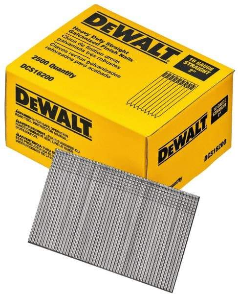 DeWALT - 16 Gauge 2" Long Finishing Nails for Power Nailers - Grade 2 Steel, Galvanized Finish, Straight Stick Collation - Makers Industrial Supply