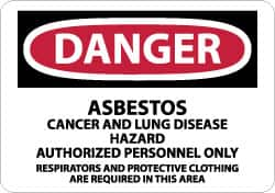 NMC - "Danger - Asbestos Cancer and Lung Disease Hazard - Authorized Personnel Only", 10" Long x 14" Wide, Pressure-Sensitive Vinyl Safety Sign - Rectangle, 0.004" Thick, Use for Hazardous Materials - Makers Industrial Supply