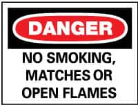 NMC - "Danger - No Smoking, Matches or Open Flames", 10" Long x 14" Wide, Pressure-Sensitive Vinyl Safety Sign - Rectangle, 0.004" Thick, Use for Accident Prevention - Makers Industrial Supply