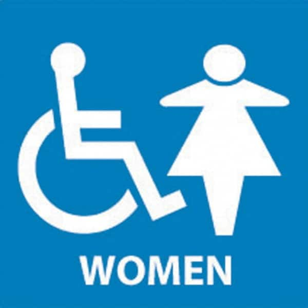 NMC - Women, 7" Wide x 7" High, Plastic Sign - English, White on Blue, Wall Mount - Makers Industrial Supply