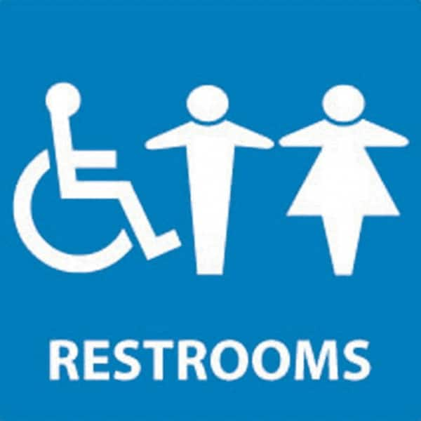 NMC - Restrooms, 7" Wide x 7" High, Plastic Sign - English, White on Blue, Wall Mount - Makers Industrial Supply