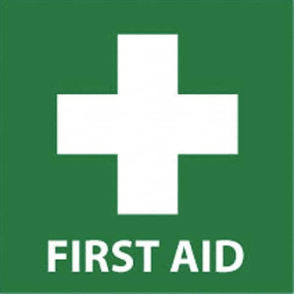 NMC - "First Aid", 7" Long x 7" Wide, Pressure-Sensitive Vinyl Safety Sign - Square, 0.004" Thick, Use for First Aid - Makers Industrial Supply