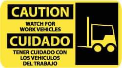 NMC - "Caution - Watch for Work Vehicles", 10" Long x 18" Wide, Rigid Plastic Safety Sign - Rectangle, 0.05" Thick, Use for Accident Prevention - Makers Industrial Supply