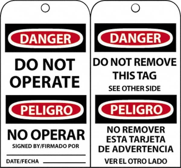 NMC - 3" High x 6" Long, DANGER - DO NOT OPERATE, English & Spanish Safety & Facility Accident Prevention Tag - Tag Header: Danger, 2 Sides, Black, Red & White Unrippable Vinyl - Makers Industrial Supply