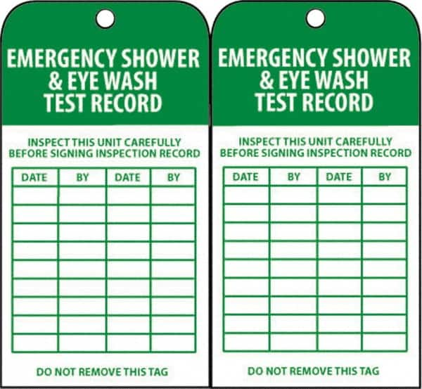 NMC - 3" High x 6" Long, EMERGENCY SHOWER & EYE WASH TEST RECORD, English Safety & Facility Accident Prevention Tag - Tag Header: Danger, 2 Sides, Green & White Unrippable Vinyl - Makers Industrial Supply