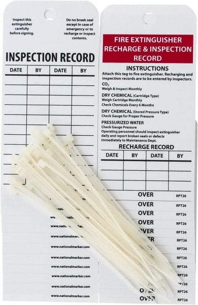 NMC - 3" High x 6" Long, FIRE EXTINGUISHER RECHARGE & INSPECTION RECORD, English Safety & Facility Inspection Tag - Tag Header: Notice, 2 Sides, Black, Red & White Unrippable Vinyl - Makers Industrial Supply