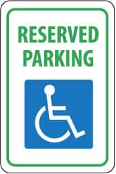 NMC - "Reserved Parking", "Handicapped Symbol", 12" Wide x 18" High, Aluminum ADA Signs - 0.063" Thick, Green & Blue on White, Rectangle, Post Mount - Makers Industrial Supply