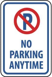 NMC - "No Parking Anytime", "Strike on P", 12" Wide x 18" High, Aluminum No Parking & Tow Away Signs - 0.063" Thick, Red & Blue on White, Rectangle, Post Mount - Makers Industrial Supply