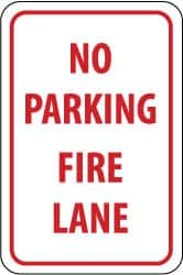 NMC - "No Parking - Fire Lane", 12" Wide x 18" High, Aluminum Fire Lane Signs - 0.063" Thick, Red on White, Rectangle, Post Mount - Makers Industrial Supply