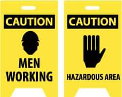 NMC - Caution - Men Working, Caution - Hazardous Area, 12" Wide x 19" High, Plastic Floor Sign - A-Frame, Black on Yellow, For Accident Prevention - Makers Industrial Supply