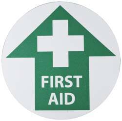 NMC - First Aid, Anti-Skid Pressure-Sensitive Vinyl Floor Sign - Round, Green on White, Adhesive Backed, For First Aid - Makers Industrial Supply