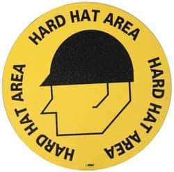 NMC - Hard Hat Area, Anti-Skid Pressure-Sensitive Vinyl Floor Sign - Round, Black on Yellow, Adhesive Backed, For Accident Prevention - Makers Industrial Supply