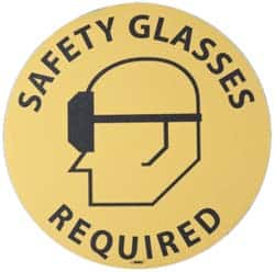 NMC - Safety Glasses Required, Anti-Skid Pressure-Sensitive Vinyl Floor Sign - Round, Black on Yellow, Adhesive Backed, For Accident Prevention - Makers Industrial Supply