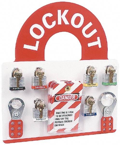 NMC - 10 Piece, Equipped Plexiglass Tag and Padlock / Hasp Station - 14 Inch Wide x 15-1/2 Inch High, White and White on Red - Makers Industrial Supply