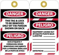 NMC - 3" High x 6" Long, DANGER - THIS TAG & LOCK TO BE REMOVED ONLY BY THE PERSON SHOWN ON BACK, English & Spanish Safety & Facility Lockout Tag - Tag Header: Danger, 2 Sides, Black, Red & White Unrippable Vinyl - Makers Industrial Supply