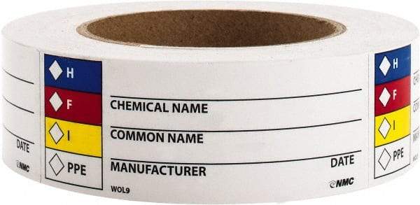 NMC - Hazardous Materials Label - Legend: H - F - I - PPE - Chemical Name ___ Common Name ___ Manufacturer ___ Date ___, English, Black, Blue, Red, Yellow & White, 4" Long x 1-1/2" High, Sign Muscle Finish - Makers Industrial Supply