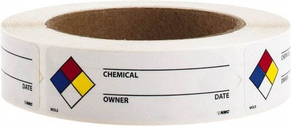 NMC - Hazardous Materials Label - Legend: Chemical ___ - Owner ___ - Date ___, English, Black, Blue, Red, Yellow & White, 3" Long x 1" High, Sign Muscle Finish - Makers Industrial Supply