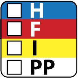 NMC - Hazardous Materials Label - Legend: H - F - I - PP, English, Black, Blue, Red, Yellow & White, 1" Long x 1" High, Sign Muscle Finish - Makers Industrial Supply