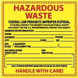 NMC - Hazardous Materials Label - Legend: Hazardous Waste - Federal Law Prohibits Improper Disposal, English, Red & Black & Yellow, 6" Long x 6" High, Sign Muscle Finish - Makers Industrial Supply