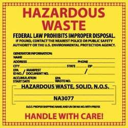 NMC - Hazardous Materials Label - Legend: Hazardous Waste - Federal and/or State Laws Prohibit Improper Disposal, English, Red & Black & Yellow, 6" Long x 6" High, Sign Muscle Finish - Makers Industrial Supply