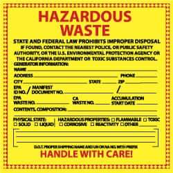 NMC - Hazardous Materials Label - Legend: Hazardous Waste - State and Federal Law Prohibits Improper Disposal, English, Red & Black & Yellow, 6" Long x 6" High, Sign Muscle Finish - Makers Industrial Supply