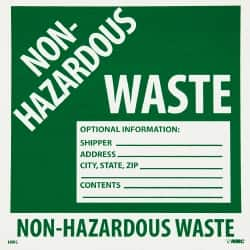 NMC - Non-Hazardous Materials Label - Legend: Non-Regulated Waste Optional Information: Shipper___, Address___, City, State, Zip___, Contents___, English, Green & White, 6" Long x 6" High, Sign Muscle Finish - Makers Industrial Supply