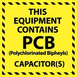 NMC - Hazardous Materials Label - Legend: This Equipment Contains PCB (Polychlorinated Biphenyls) Capacitor(s), English, Black & Yellow, 6" Long x 6" High, Sign Muscle Finish - Makers Industrial Supply