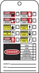 NMC - 3" High x 6" Long, DANGER - TOXIC ACID ALKALINE FLAMMABLE COMBUSTIBLE USE VENTILATION, English Safety & Facility Accident Prevention Tag - Tag Header: Danger, 2 Sides, Black, Red & White Unrippable Vinyl - Makers Industrial Supply