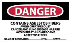 NMC - "Danger - Contains Asbestos Fibers - Avoid Creating Dust - Cancer and Lung Disease Hazard - Avoid Breathing Airborne...", 3" Long x 5" Wide, Pressure-Sensitive Vinyl Safety Sign - Rectangle, 0.004" Thick, Use for Hazardous Materials - Makers Industrial Supply