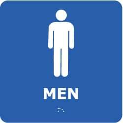 NMC - Men, 8" Wide x 8" High, Plastic Sign - English, Braille, White on Blue, Wall Mount - Makers Industrial Supply