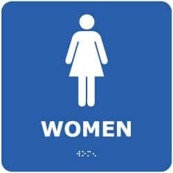 NMC - Women, 8" Wide x 8" High, Plastic Sign - English, Braille, White on Blue, Wall Mount - Makers Industrial Supply