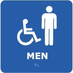 NMC - Men, 8" Wide x 8" High, Plastic Sign - English, Braille, White on Blue, Wall Mount - Makers Industrial Supply