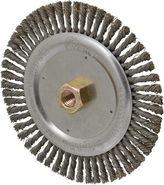 Weiler - 7" OD, 5/8" Arbor Hole, Stringer Bead Steel Wheel Brush - 3/16" Face Width, 1-1/8" Trim Length, 0.02" Filament Diam, 9,000 RPM - Makers Industrial Supply