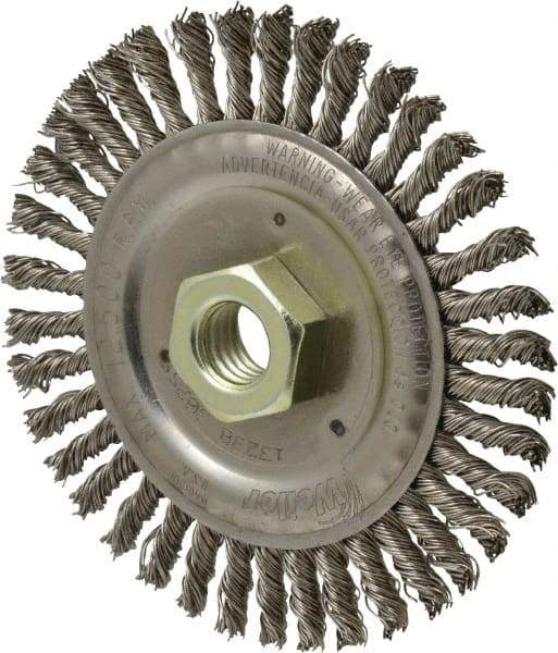 Weiler - 4-1/2" OD, 5/8" Arbor Hole, Knotted Stainless Steel Wheel Brush - 3/16" Face Width, 7/8" Trim Length, 0.02" Filament Diam, 12,500 RPM - Makers Industrial Supply