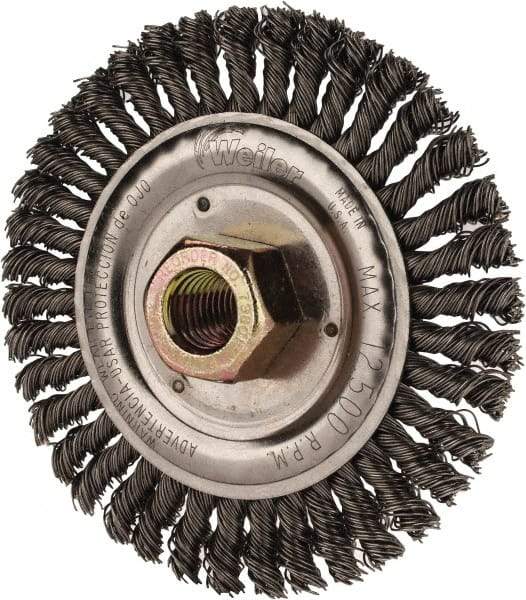 Weiler - 4-1/2" OD, 5/8" Arbor Hole, Stringer Bead Steel Wheel Brush - 3/16" Face Width, 13/16" Trim Length, 0.02" Filament Diam, 15,000 RPM - Makers Industrial Supply