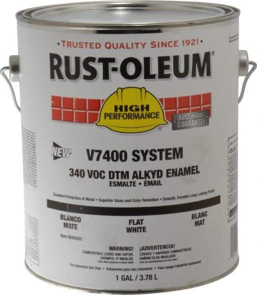 Rust-Oleum - 1 Gal White Flat Finish Alkyd Enamel Paint - 230 to 425 Sq Ft per Gal, Interior/Exterior, Direct to Metal, <340 gL VOC Compliance - Makers Industrial Supply