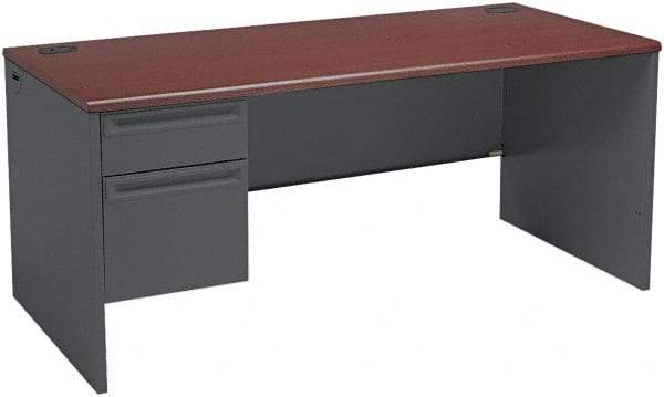 Hon - Steel-Reinforced High-Pressure Laminate/Metal Left Pedestal Desk - 66" Wide x 30" Deep x 29" High, Mahogany/Charcoal - Makers Industrial Supply