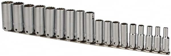 Proto - 18 Piece 3/8" Drive Tethered Deep Socket Set - 12 Points, 6 to 23mm, Metric Measurement Standard - Makers Industrial Supply