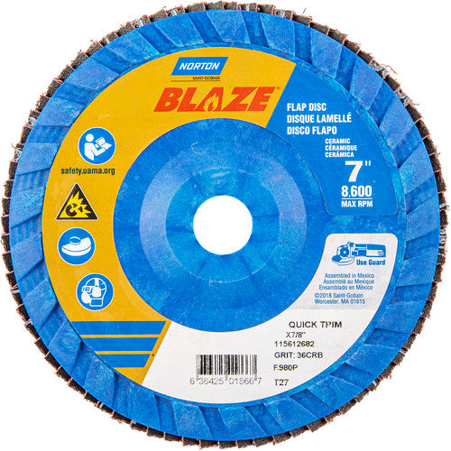 7 × 7/8″ Blaze Plastic Flat Flap Disc Type 27 36 Grit R980P Premium Ceramic Alumina - Makers Industrial Supply