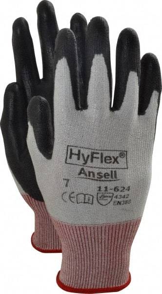 Ansell - Size S (7), ANSI Cut Lvl 2, Abrasion Lvl 5, Polyurethane Coated Cut Resistant Gloves - Palm & Fingers Coated, Dyneema/Lycra Lining, Knit Wrist, White/Black, Paired - Makers Industrial Supply