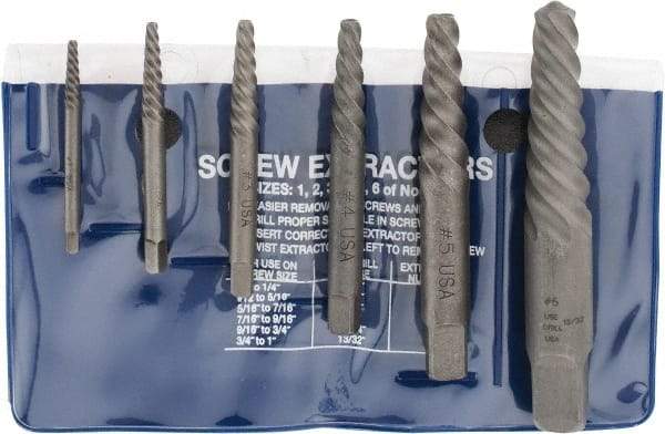 Cleveland - 6 Piece Spiral Flute Screw Extractor Set - Screw Range 3/16 to 1" - Makers Industrial Supply