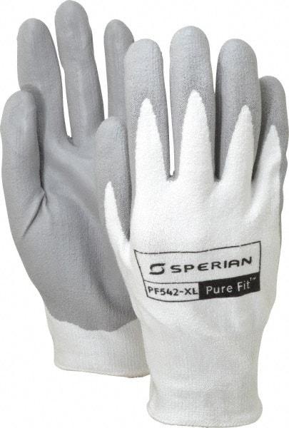 Honeywell - Size XL (10), ANSI Cut Lvl 1, Polyurethane Coated HPPE Fiber Cut Resistant Gloves - Palm & Fingers Coated, Knit Wrist, White/Gray, Paired - Makers Industrial Supply