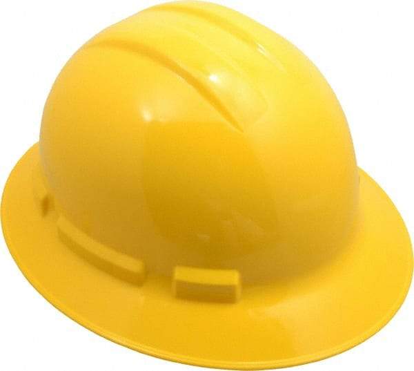 PRO-SAFE - ANSI Type I, Class E & G Rated, 6-Point, Ratchet Adjustment Hard Hat - Size 6-1/2 to 8, Yellow, Full Brim - Makers Industrial Supply