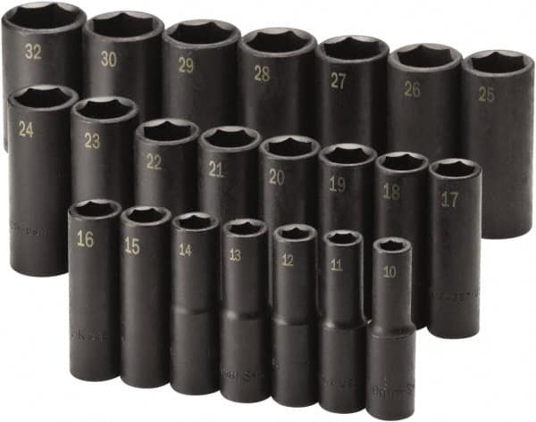 SK - 22 Piece 1/2" Drive Black Finish Deep Well Impact Socket Set - 6 Points, 10mm to 32mm Range, Metric Measurement Standard - Makers Industrial Supply