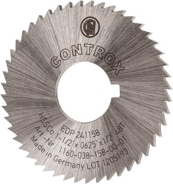 Controx - 1-1/2" Diam x 1/16" Blade Thickness x 1/2" Arbor Hole Diam, 48 Tooth Slitting and Slotting Saw - Arbor Connection, Right Hand, Uncoated, Cobalt, Concave Ground, Contains Keyway - Makers Industrial Supply