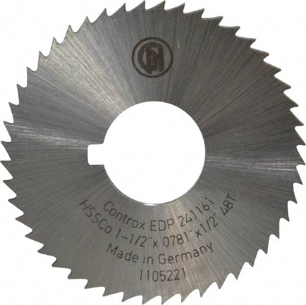 Controx - 1-1/2" Diam x 0.0781" Blade Thickness x 1/2" Arbor Hole Diam, 48 Tooth Slitting and Slotting Saw - Arbor Connection, Right Hand, Uncoated, Cobalt, Concave Ground, Contains Keyway - Makers Industrial Supply